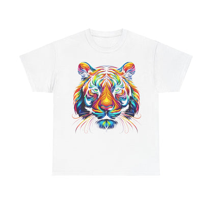 Tiger's Whimsy Graphic Tee - Unisex Artistic Shirt featuring a vibrant multicoloured design of a tiger's head on a white background, exuding elegance and artistic flair.