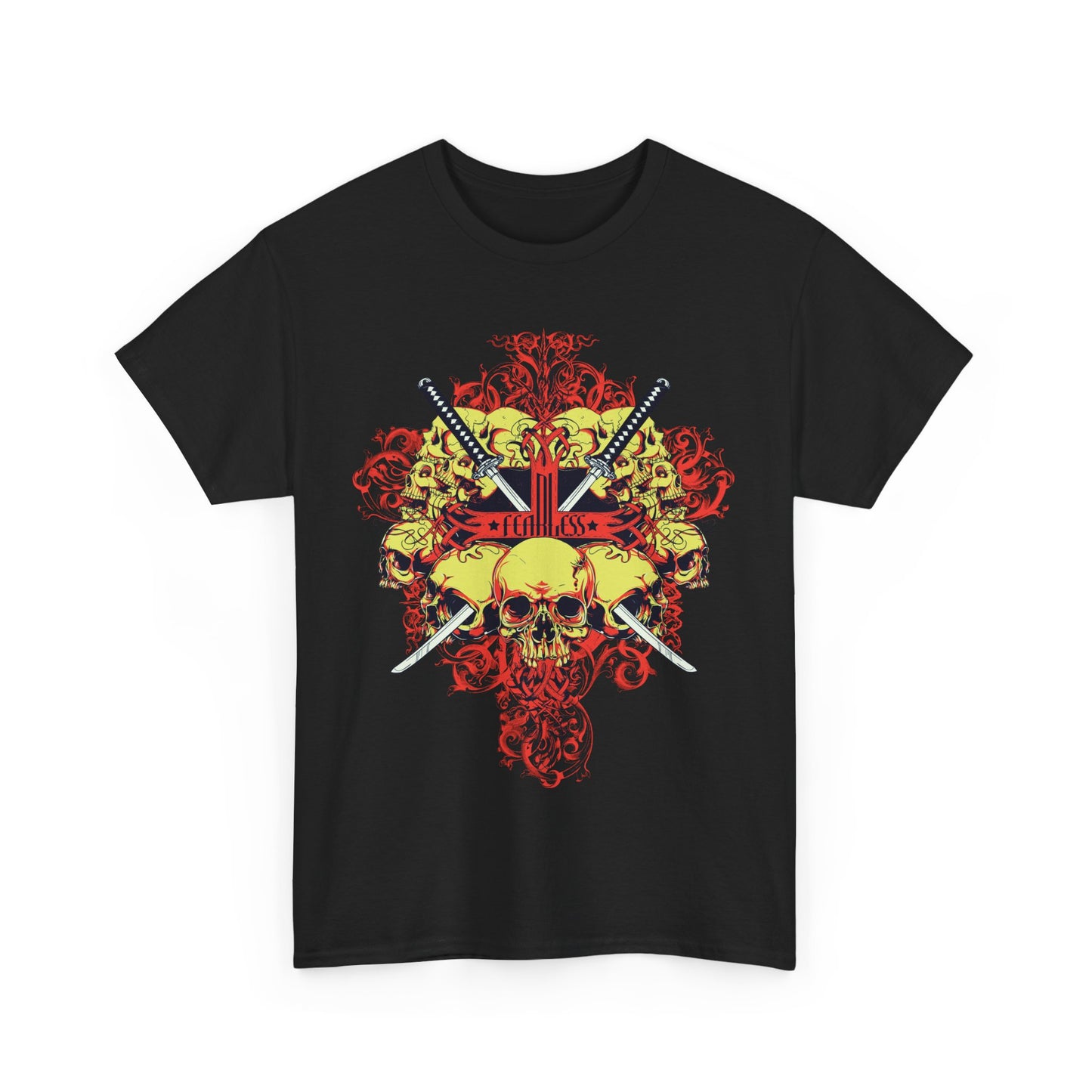 Fearless Samurai Swords Graphic Tee for Men featuring a luxurious skull design and crossed swords in vibrant colours, perfect for a bold and stylish look.