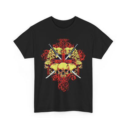 Fearless Samurai Swords Graphic Tee for Men featuring a luxurious skull design and crossed swords in vibrant colours, perfect for a bold and stylish look.