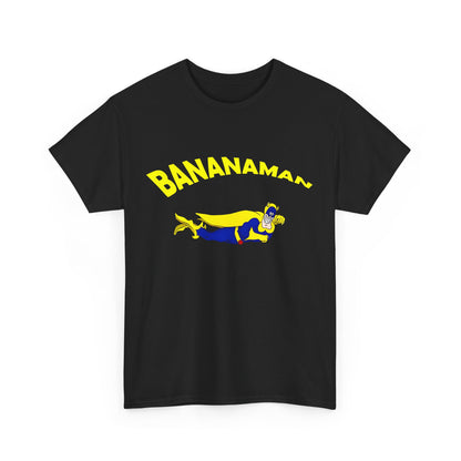 Front view of the black Limited Edition Bananaman Graphic Unisex T-Shirt, featuring a stunning whimsical hero design, ideal for expressing individuality and fun.