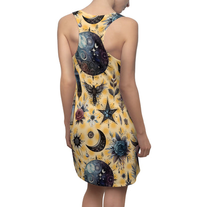 Elegant Women's Chic Designer Racerback Dress featuring a vibrant yellow background adorned with intricate cosmic and floral patterns, ideal for summer gatherings and beach parties.