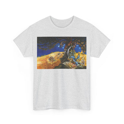 Discworld Reaper Man Graphic Unisex Tee - Luxurious Terry Pratchett Tribute Shirt in grey, featuring a whimsical graphic of Death, ideal for embracing literary fandom.