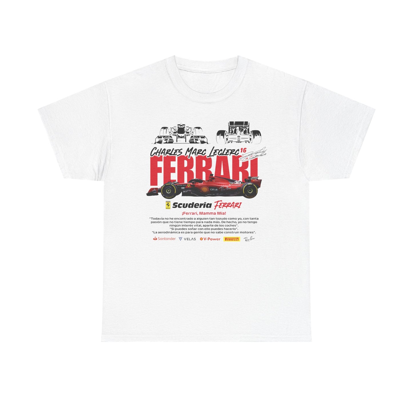 Exquisite white Scuderia Ferrari F1 T-shirt showcasing a striking design with Charles Leclerc's name and number 16, alongside a vibrant image of a Ferrari race car, embodying speed and elegance for true racing aficionados.