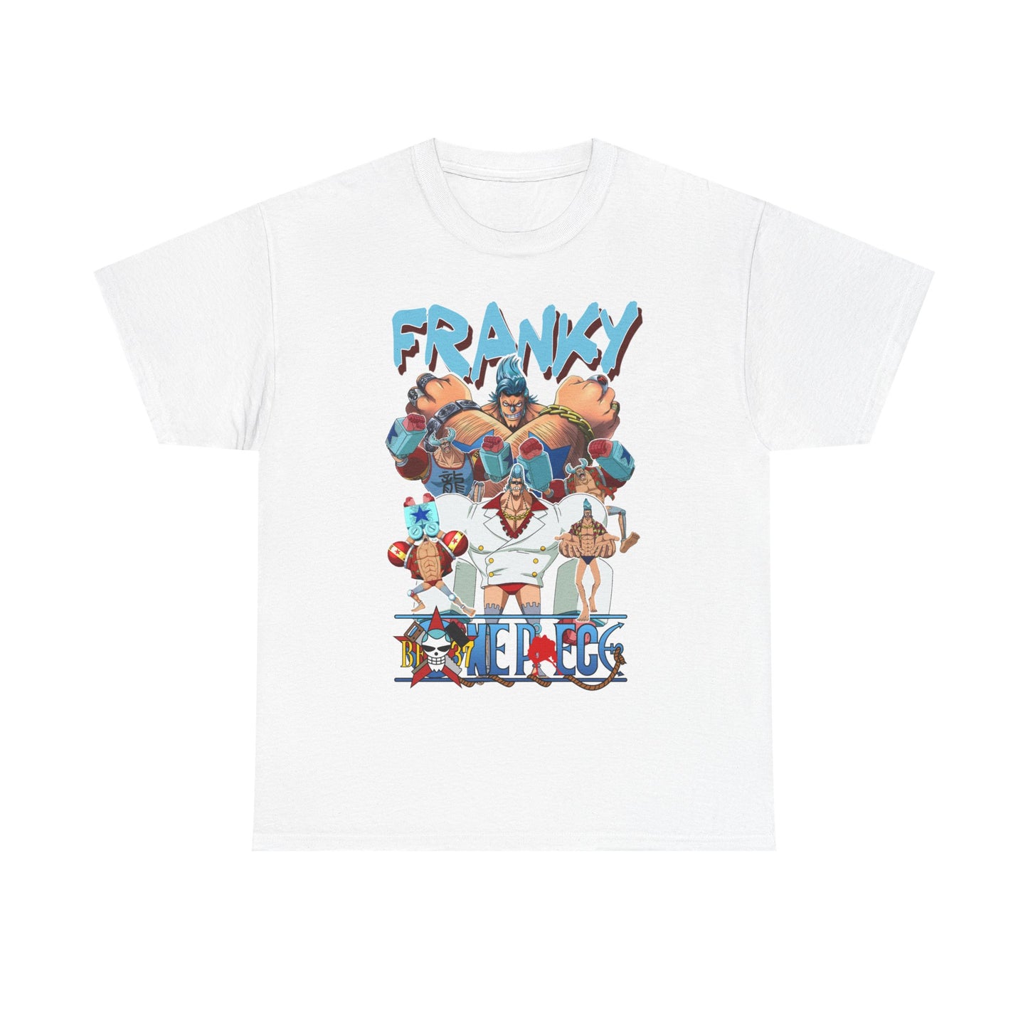 Luxurious white t-shirt featuring vibrant 'One Piece' Franky graphic, showcasing bold anime pirate designs with striking colours and layered composition, perfect for fashion-forward anime enthusiasts.