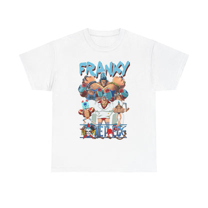 Luxurious white t-shirt featuring vibrant 'One Piece' Franky graphic, showcasing bold anime pirate designs with striking colours and layered composition, perfect for fashion-forward anime enthusiasts.