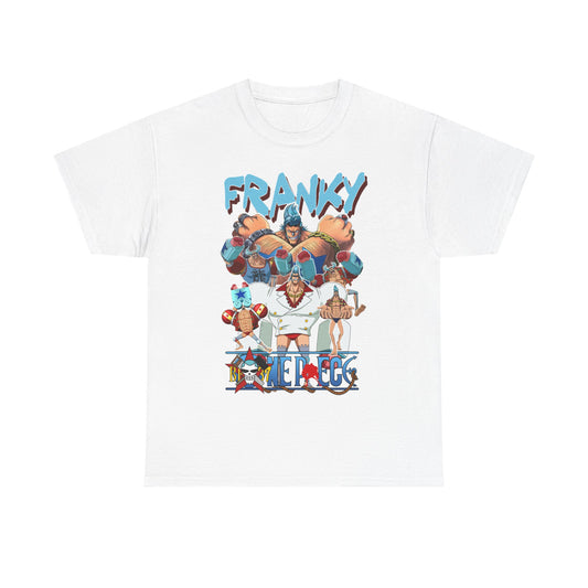 Luxurious white t-shirt featuring vibrant 'One Piece' Franky graphic, showcasing bold anime pirate designs with striking colours and layered composition, perfect for fashion-forward anime enthusiasts.