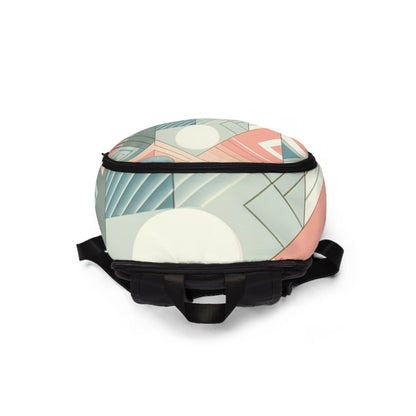 Luxury Pastel Geometric Backpack by Dazzling Dreams Studio featuring vibrant geometric patterns and elegant pastel hues, ideal for modern fashion enthusiasts.