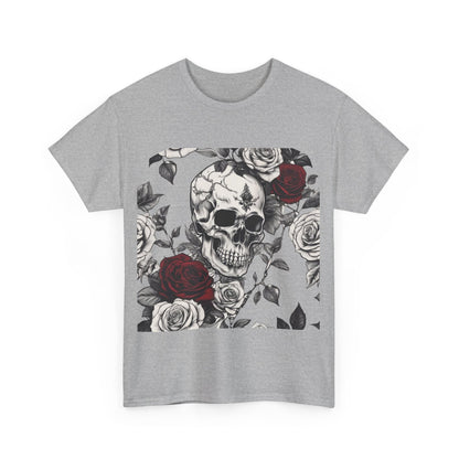 Front view of the grey Skulls and Roses Cotton Tee displaying a striking steampunk skull and rose graphic, ideal for making a bold fashion statement.
