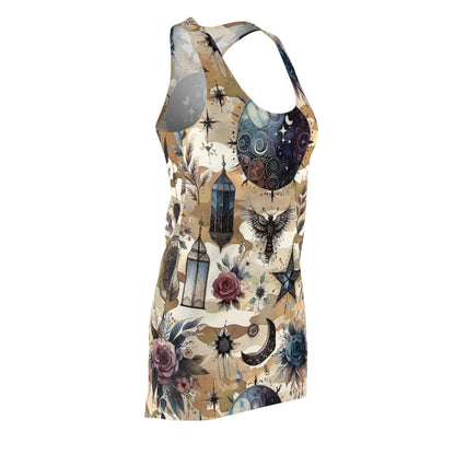 Side profile of the Women's Chic Designer Racerback Dress adorned with a stunning graphic print of lanterns and floral motifs, exuding elegance for summer occasions.