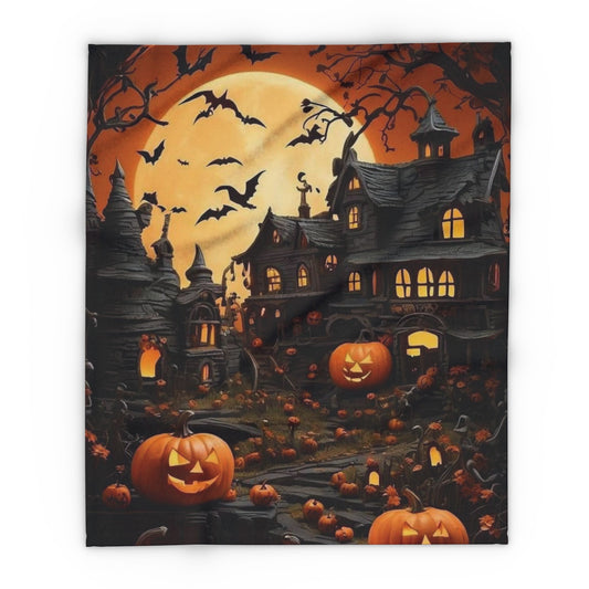 Decorative and Warm Halloween Spooky Arctic Fleece Blanket featuring a haunted house illuminated by a glowing full moon, surrounded by bats and carved pumpkins, perfect for adding a luxurious seasonal touch to your home.