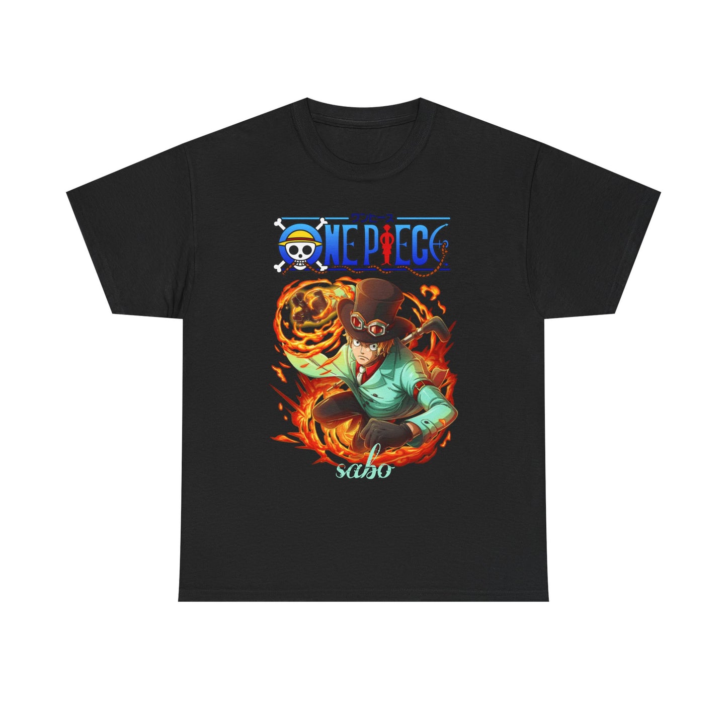 Chic black Sabo from One Piece T-shirt with an eye-catching action illustration surrounded by flames, a sophisticated statement for anime lovers.