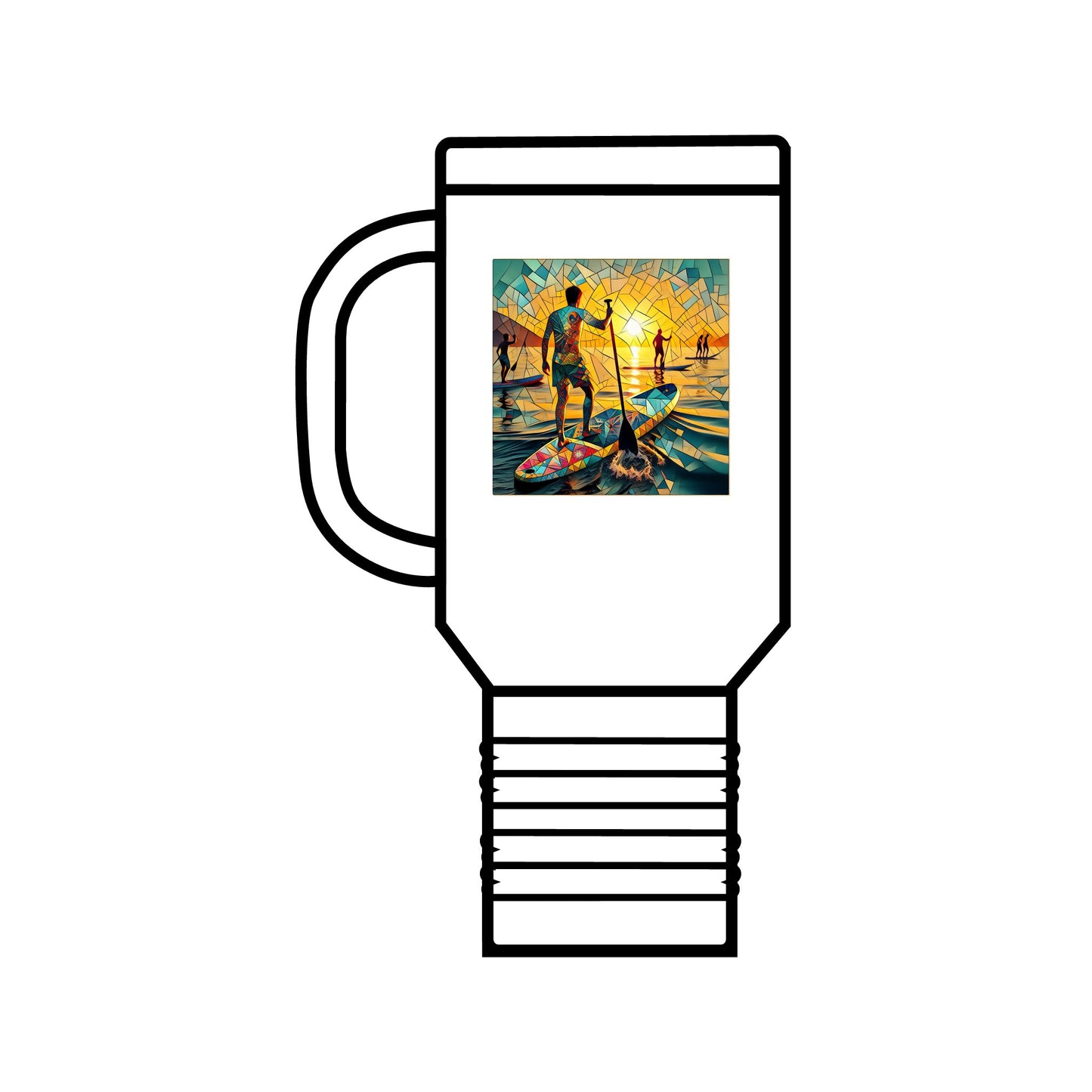 Fantasy Paddleboarding 40oz Insulated Travel Mug featuring a stylish artistic illustration of paddleboarding at sunset, perfect for adventures.
