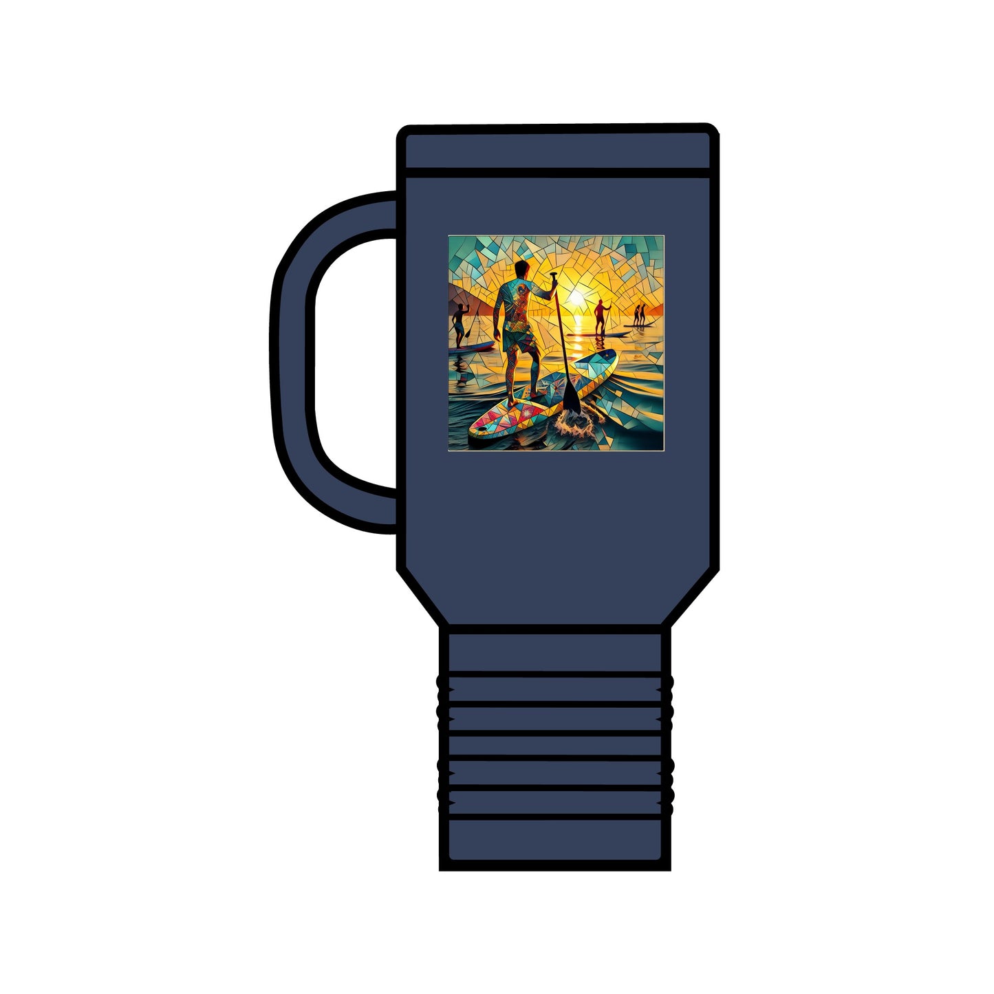Fantasy Paddleboarding 40oz Insulated Travel Mug in navy blue, elegantly detailed with a vibrant paddleboarding illustration, perfect for stylish adventures.