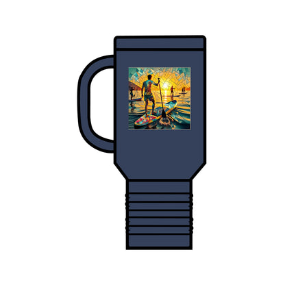 Fantasy Paddleboarding 40oz Insulated Travel Mug in navy blue, elegantly detailed with a vibrant paddleboarding illustration, perfect for stylish adventures.