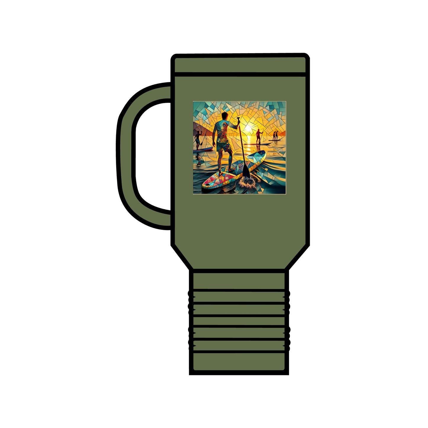 Fantasy Paddleboarding 40oz Insulated Travel Mug in chic olive green, adorned with an eye-catching paddleboarding artwork, designed for luxury outdoor experiences.