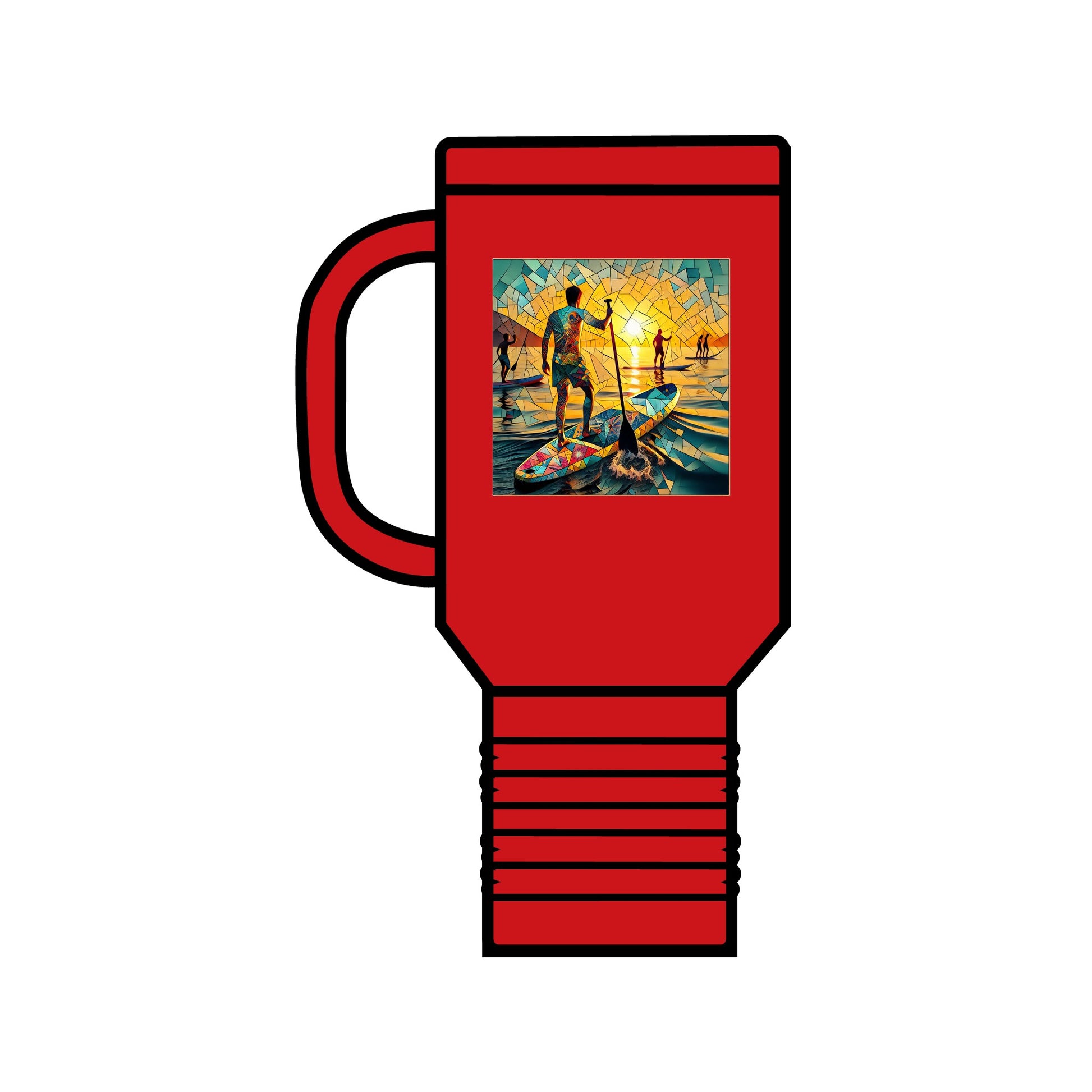 Luxury Fantasy Paddleboarding 40oz Insulated Travel Mug in vibrant red featuring a stunning paddleboarding graphic, designed for adventure lovers.