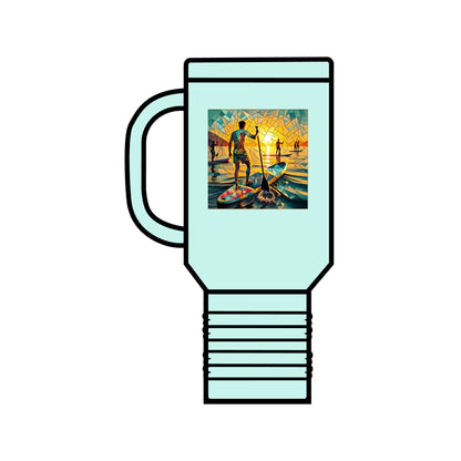 Chic Fantasy Paddleboarding 40oz Insulated Travel Mug in soothing teal with an artistic paddleboarding design, ideal for stylish hydration on the go.