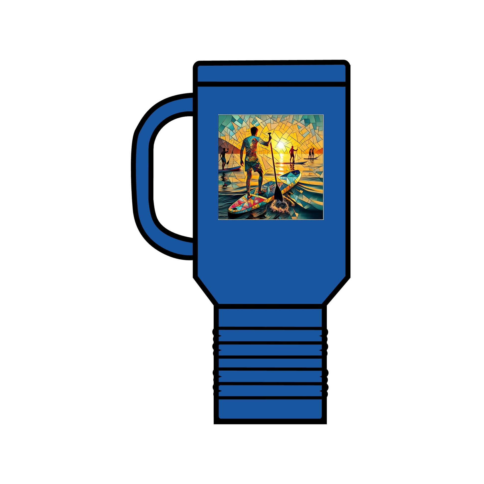 Stylish Fantasy Paddleboarding 40oz Insulated Travel Mug in elegant blue displaying a vibrant paddleboarding scene, perfect for outdoor enthusiasts.