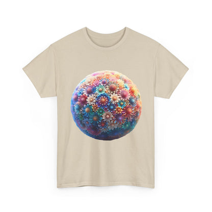 Front view of the Iridescent Floral Sphere Unisex Cotton Tee in beige, featuring an exquisite floral sphere design for a luxurious statement.