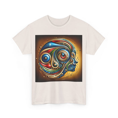 Front view of the Stained Glass Dreams Unisex T-Shirt adorned with an exquisite, colourful abstract graphic design, blending artistry with fashion elegance.