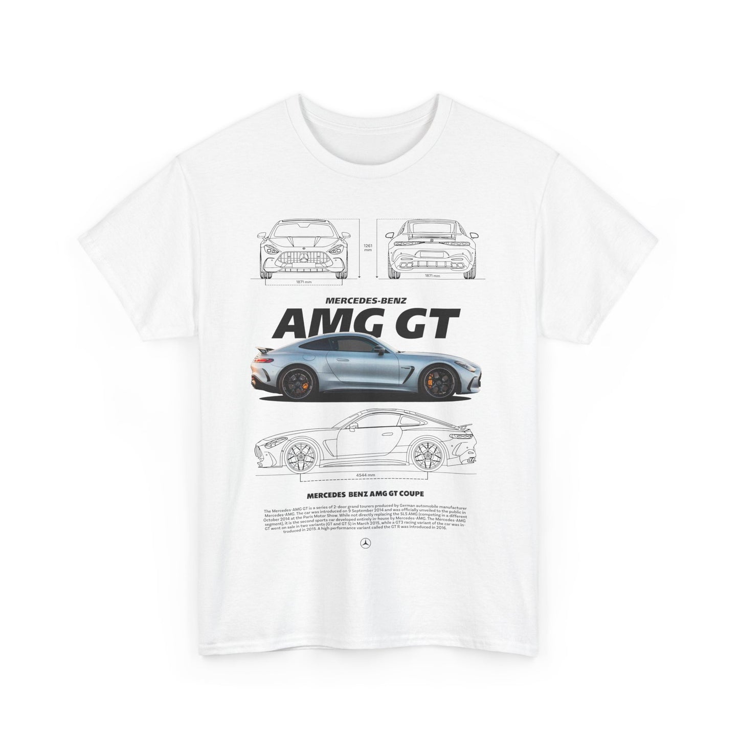 Men's T-shirt featuring a striking graphic design of the Mercedes-Benz AMG GT on the front, showcasing an elegant automotive aesthetic.