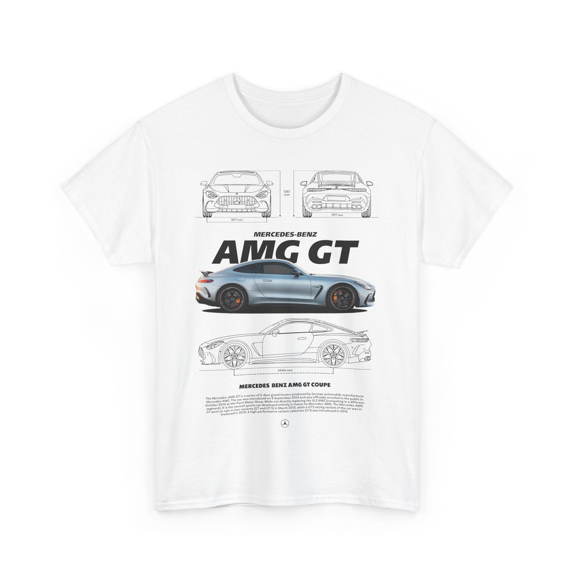 Men's T-shirt featuring a striking graphic design of the Mercedes-Benz AMG GT on the front, showcasing an elegant automotive aesthetic.