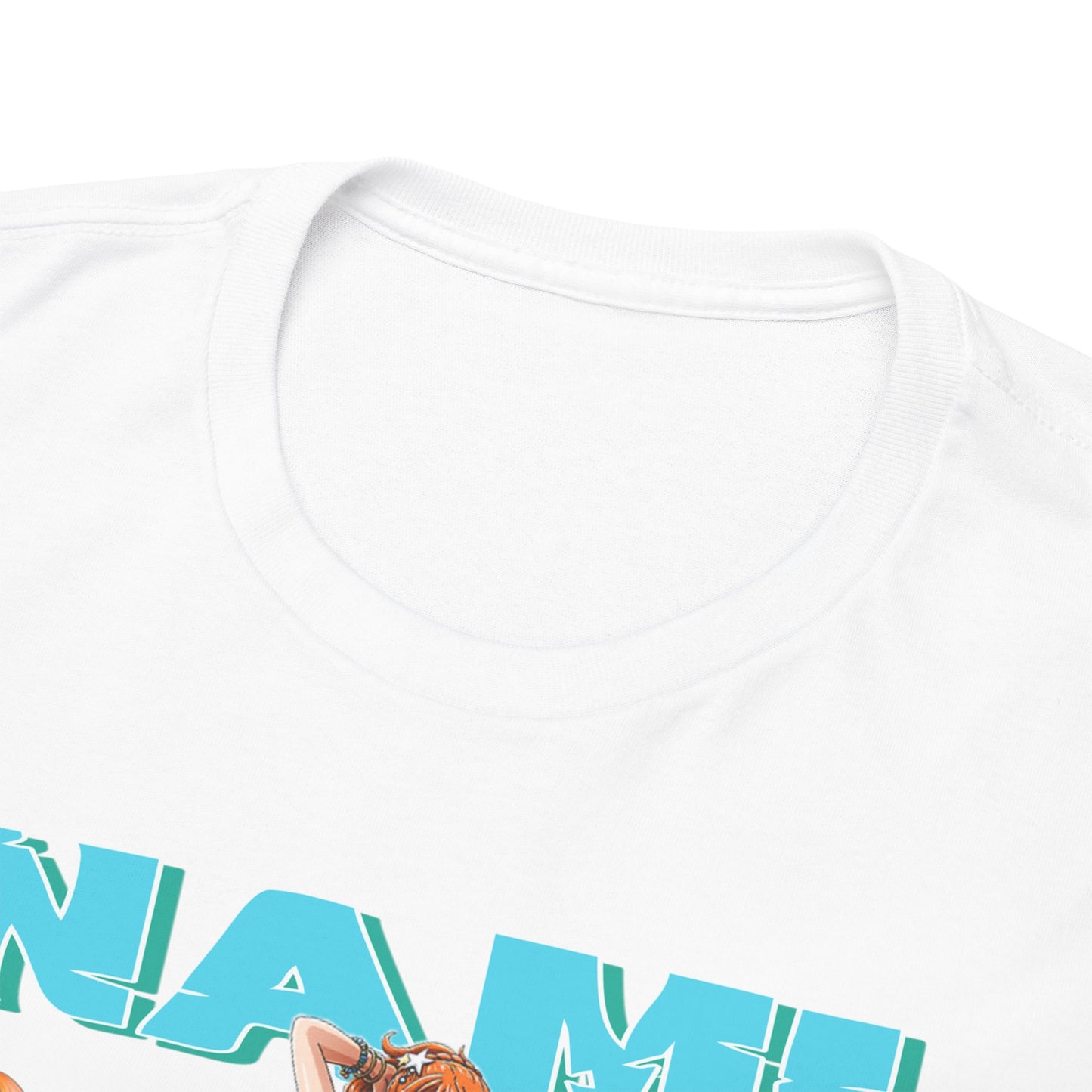 Close-up of luxurious white t-shirt neckline featuring the bold Nami graphic and vivid colours from One Piece, showcasing high-quality fabric.