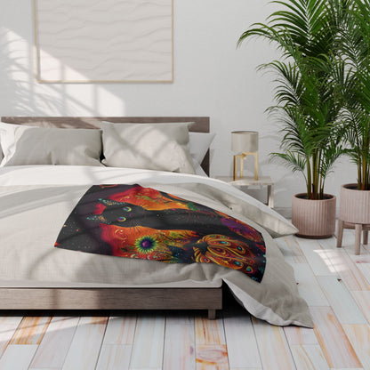 Artfully styled Decorative and Warm Halloween Spooky Arctic Fleece Blanket laid over a luxurious bed, highlighting an enchanting black cat surrounded by vibrant Halloween elements.