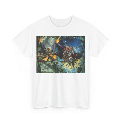 Front view of the Discworld Mort Graphic Unisex T-Shirt - Premium Cotton Tee with Iconic Artwork, displaying a captivating illustration from Terry Pratchett's universe.
