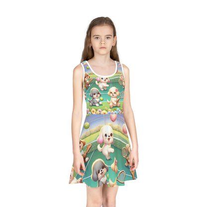 Beautifully crafted Luna Beauclair A-Line sundress for toddler girls, showcasing colourful illustrations of tennis-playing pastel puppies, designed by Dazzling Dreams Studio.