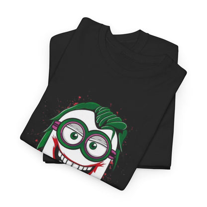 A folded Men's Funny T Shirt featuring the Joker Minion design, perfect for gifting to Minion fans. This T Shirt combines fun and comfort, ensuring a great addition to any casual wardrobe.