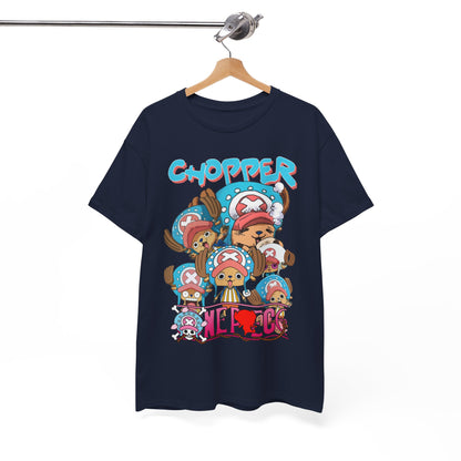 A navy t-shirt elegantly exhibited on a hanger, featuring an exquisite design of Chopper, perfect for those who want to express their anime fandom with flair.