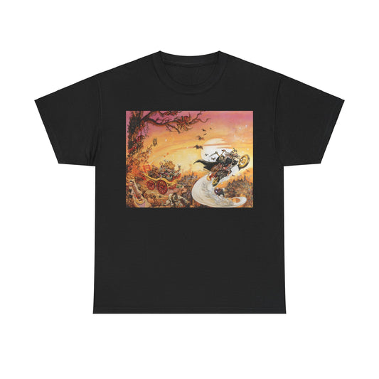 Elegant Discworld Soul Music Graphic Unisex T-Shirt in black showcasing stunning album cover art; a high-quality literary tee for sophisticated tastes.