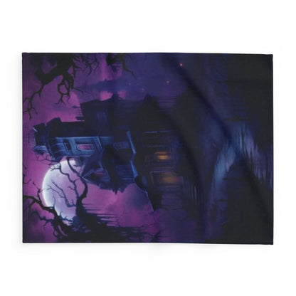 Elegant Decorative and Warm Halloween Spooky Arctic Fleece Blanket showcasing a gothic house under a moonlit sky, designed to enhance your Halloween decor.