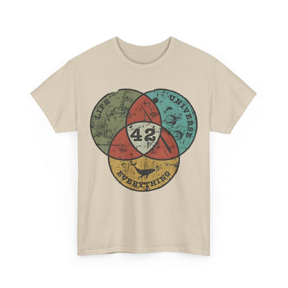 The Hitchhiker's Guide to the Galaxy 42 Graphic Unisex Tee Shirt displayed in beige, featuring a vintage Venn diagram design that elegantly contrasts with the soft fabric.