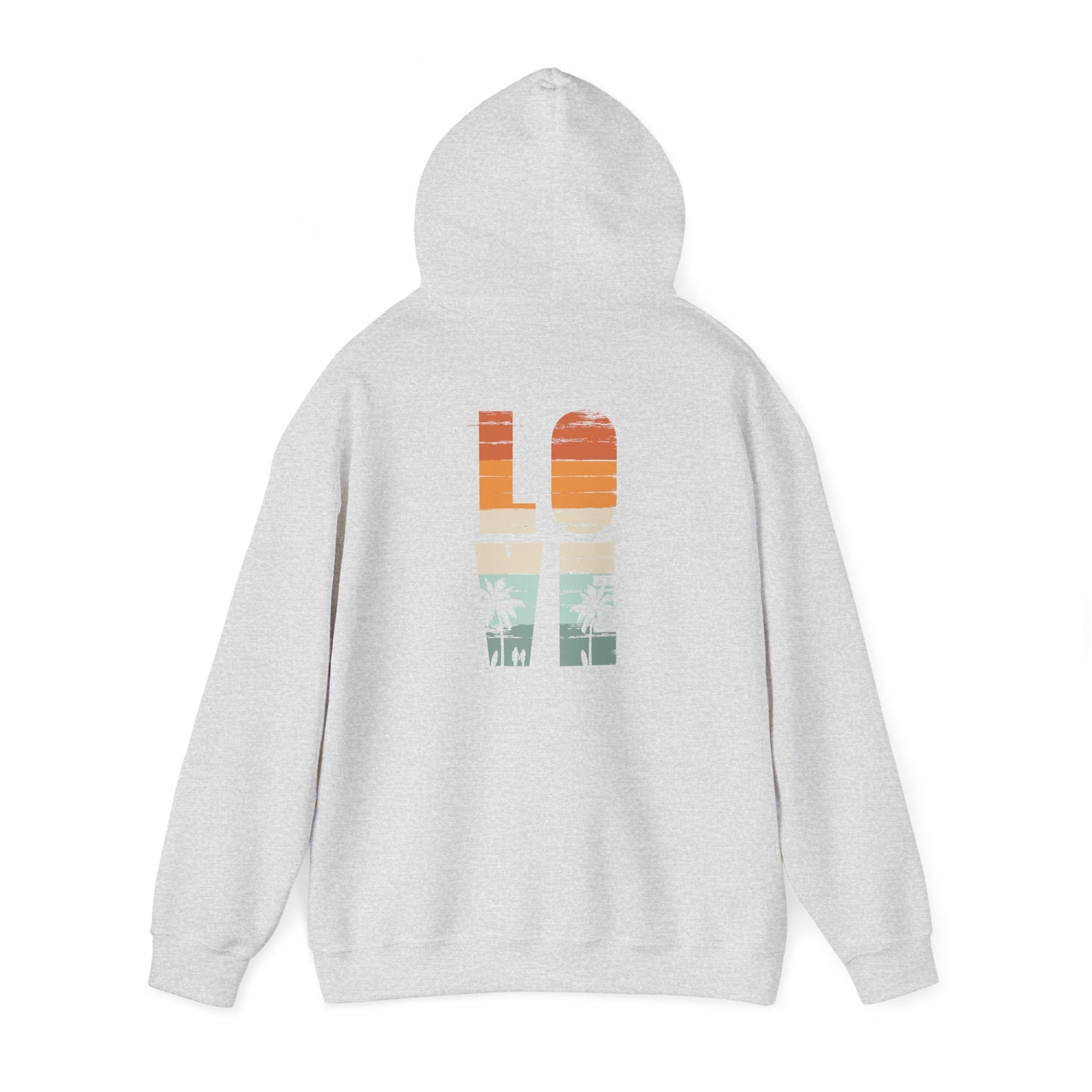 Vintage Love Hoodie in a luxurious grey hue, highlighting an artistic back print with the word 'LOVE' integrated with vibrant colors of sunset and silhouettes of palm trees.