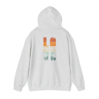 Vintage Love Hoodie in a luxurious grey hue, highlighting an artistic back print with the word 'LOVE' integrated with vibrant colors of sunset and silhouettes of palm trees.