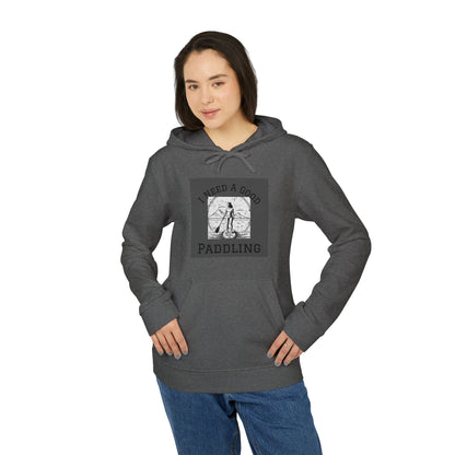 Model wearing Adidas Women’s Fleece 'I Need a Good Paddling' Hoodie in grey, demonstrating stylish comfort for outdoor enthusiasts.