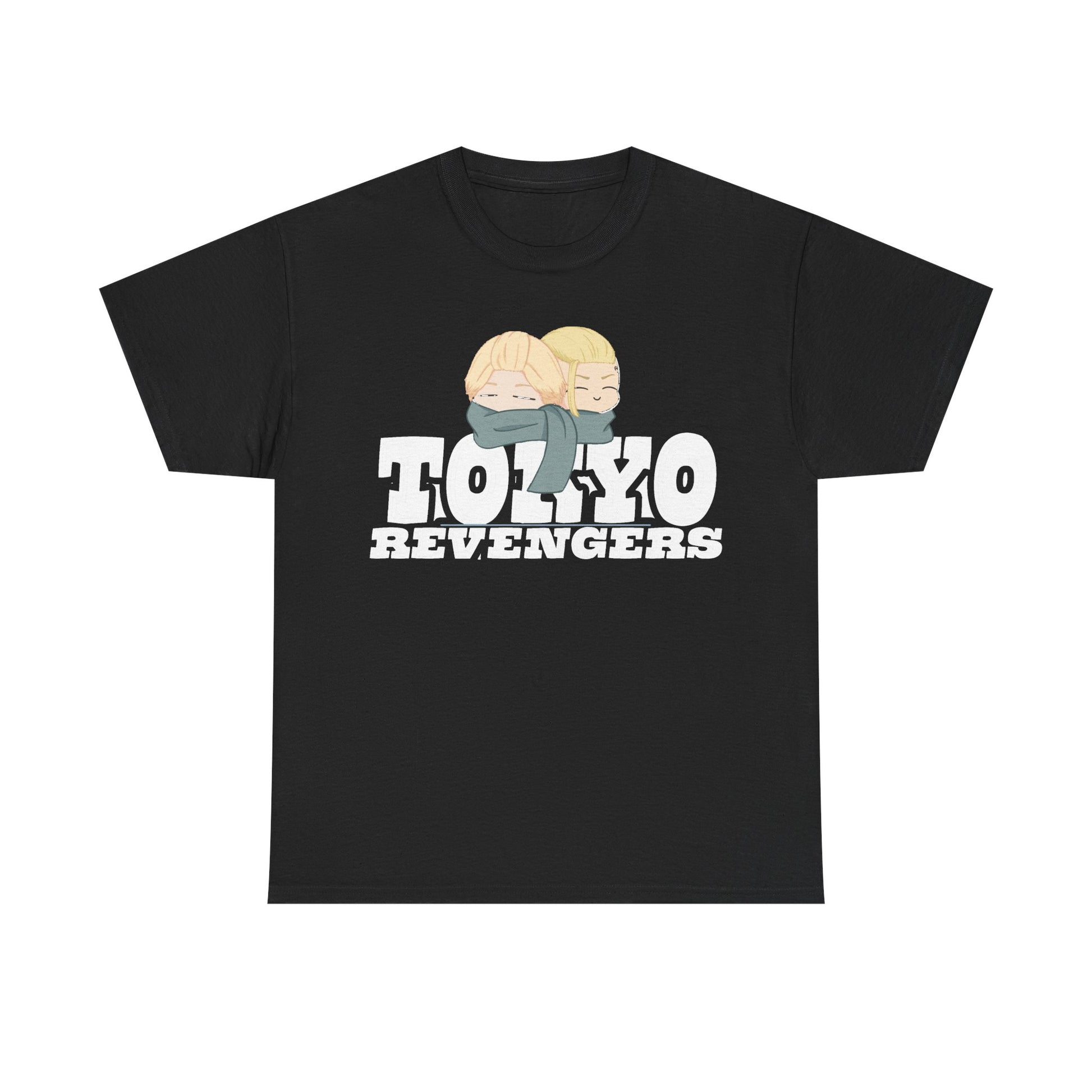 Sleek Tokyo Revengers t-shirt in black, showcasing two anime figures in a charming pose, a must-have for any discerning anime enthusiast.