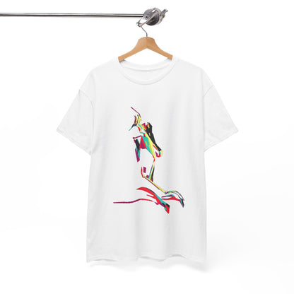 Elegant white graphic tee displayed on a wooden hanger, showcasing a striking multicoloured design that celebrates playful fashion.