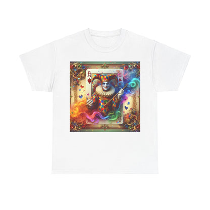 Harlequin Playing Card Graphic Tee in white displaying a striking harlequin jester graphic with playing cards, epitomising elegance in unisex casual wear.