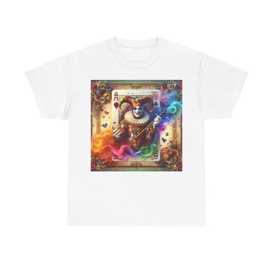 Harlequin Playing Card Graphic Tee in white displaying a striking harlequin jester graphic with playing cards, epitomising elegance in unisex casual wear.