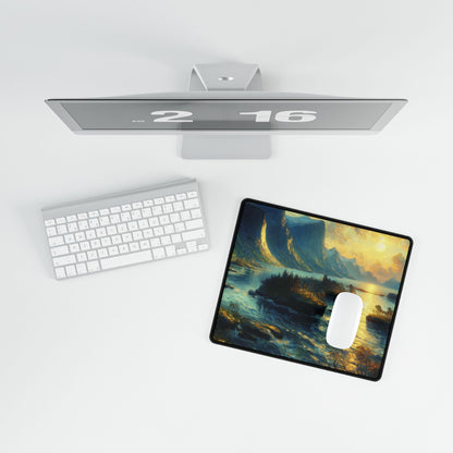 An elegant overhead view of the 'Munchian Euphoric Whimsy' desk mat, mouse and keyboard positioned on a modern white surface.