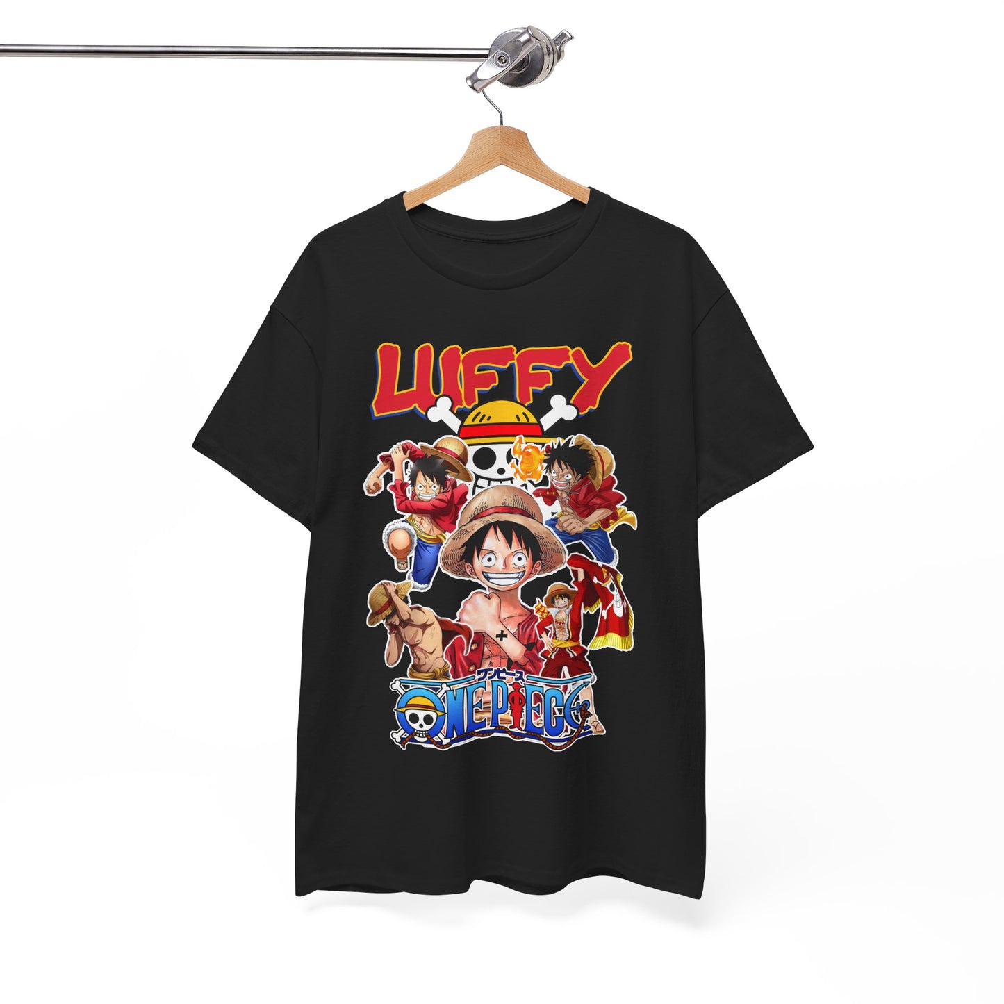Premium black t-shirt elegantly displayed on a hanger, featuring a striking 'One Piece' design with Luffy and crew, the perfect addition to any anime-inspired wardrobe.