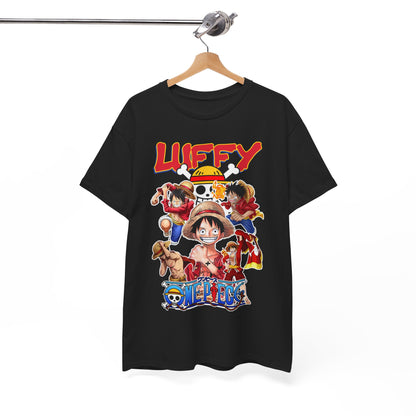 Premium black t-shirt elegantly displayed on a hanger, featuring a striking 'One Piece' design with Luffy and crew, the perfect addition to any anime-inspired wardrobe.