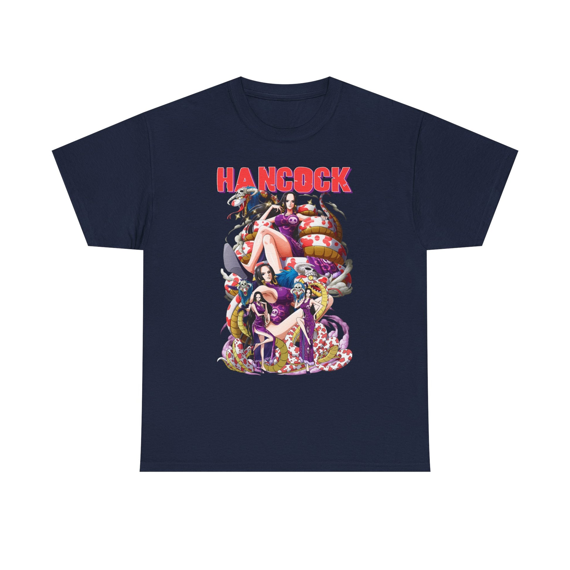 Stylish navy blue men's t-shirt featuring a vibrant Hancock anime design, showcasing intricate illustrations and bold text, perfect for anime enthusiasts.