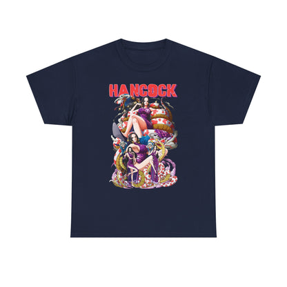 Stylish navy blue men's t-shirt featuring a vibrant Hancock anime design, showcasing intricate illustrations and bold text, perfect for anime enthusiasts.