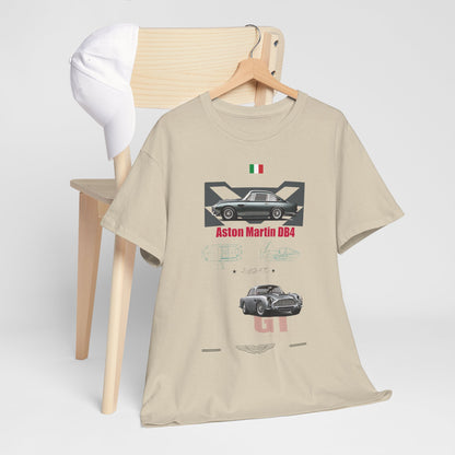 Stylish beige Aston Martin DB4 T-shirt displayed on a wooden chair, complemented by a classic white cap, encapsulating a timeless automotive fashion statement.