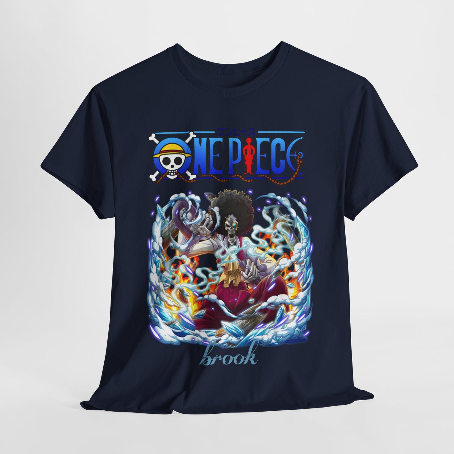 Stylish navy blue men's t-shirt featuring an elaborate graphic of Brook from One Piece, elegantly hung to showcase its unique design and luxurious appeal.