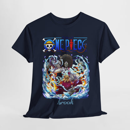 Stylish navy blue men's t-shirt featuring an elaborate graphic of Brook from One Piece, elegantly hung to showcase its unique design and luxurious appeal.